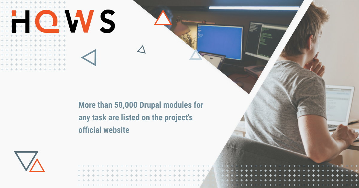 Collage with laptop and web developer at work. Some info about Drupal modules